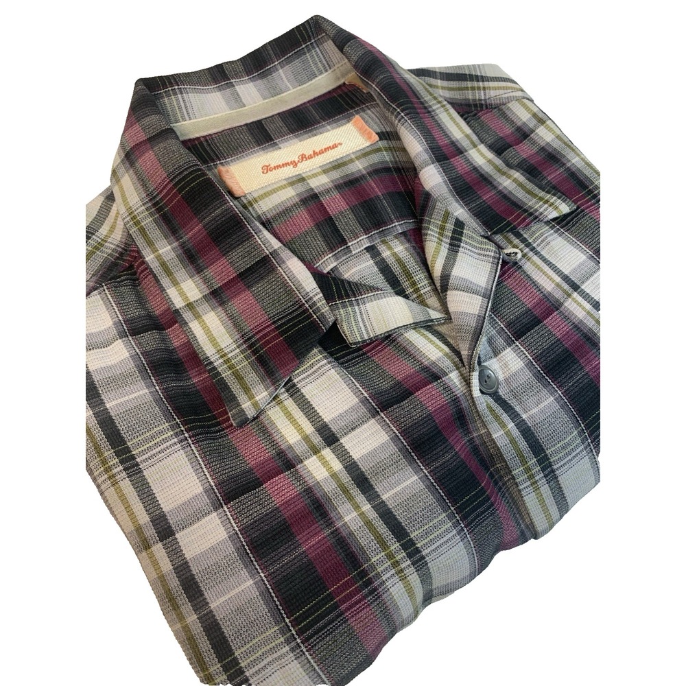 Tommy Bahama 100% Silk Short Sleeve Button Up Men's L Black/Wine Textured Plaid